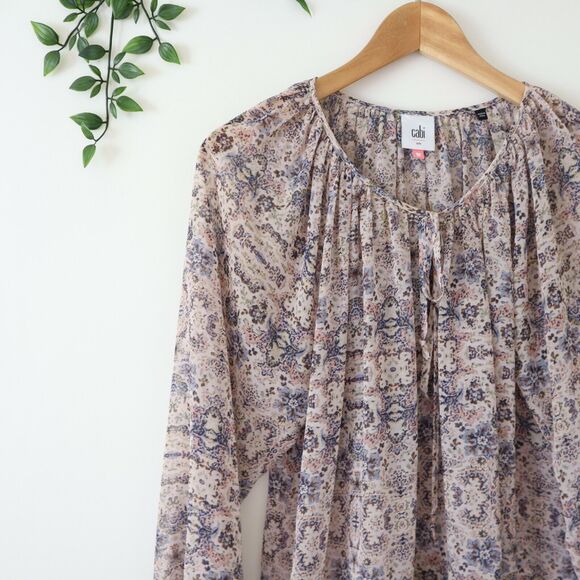 Cabi Women's Chiffon Siena Peasant Printed Blouse Tunic Top S Small Pink Blue - Picture 3 of 4